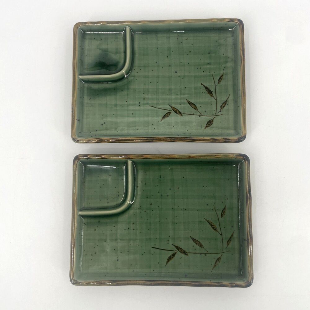 Set of 2 Green Japanese Sushi Plates Divided Bamboo Miya Ceramic Rectangle 7x5"